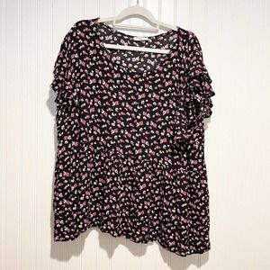 Chicsoul Black Floral Babydoll Blouse Size 1X